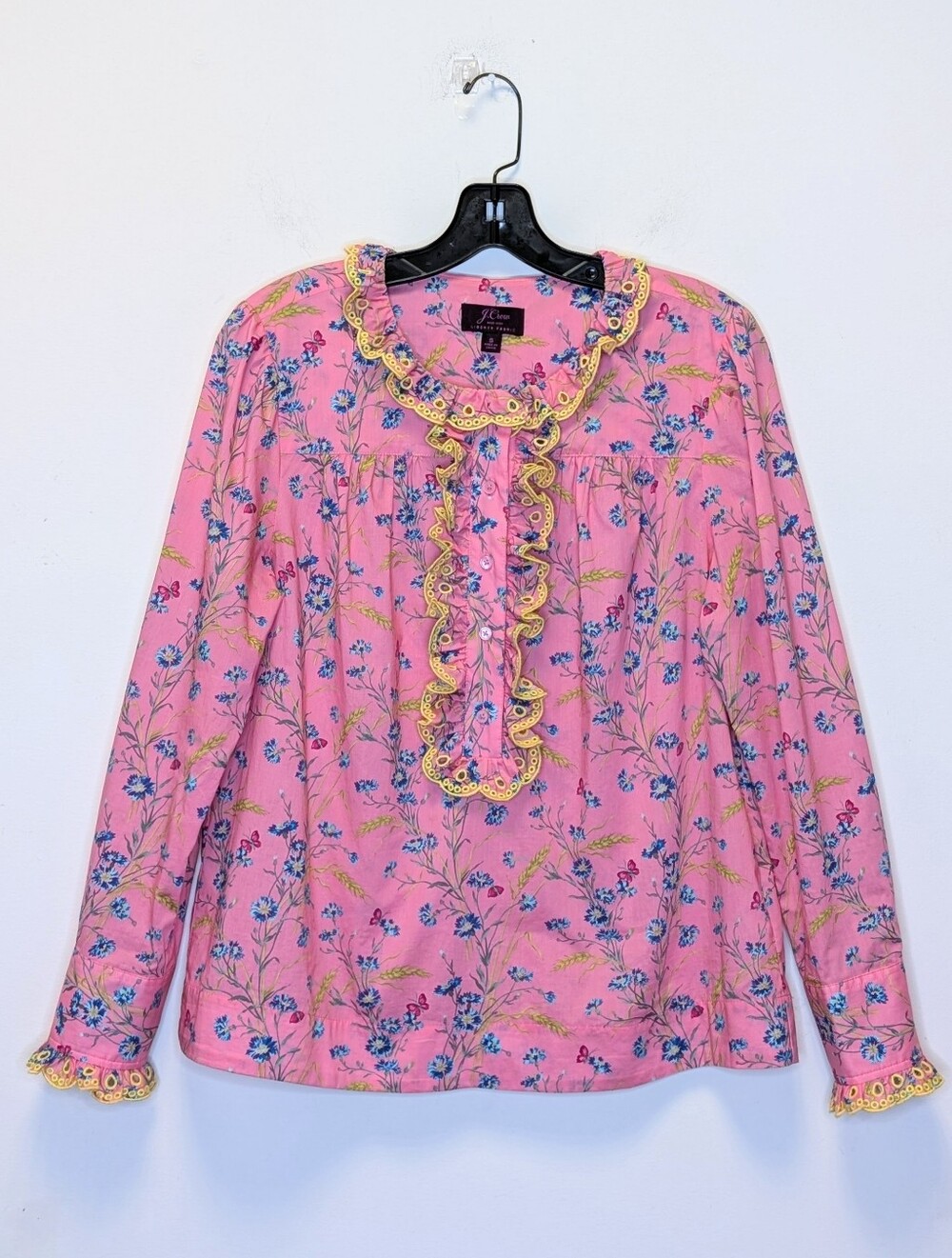 J.Crew Liberty Of London Fabric Pink Floral Ruffle Trim Blouse Size S